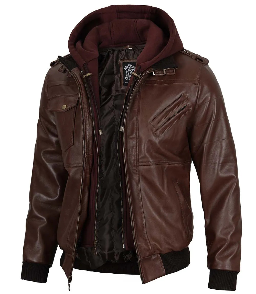 Tall Mens Bomber Dark Brown Removable Hooded Leather Jacket
