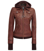 Women's Dark Brown Bomber Leather Jacket with Removable Hood