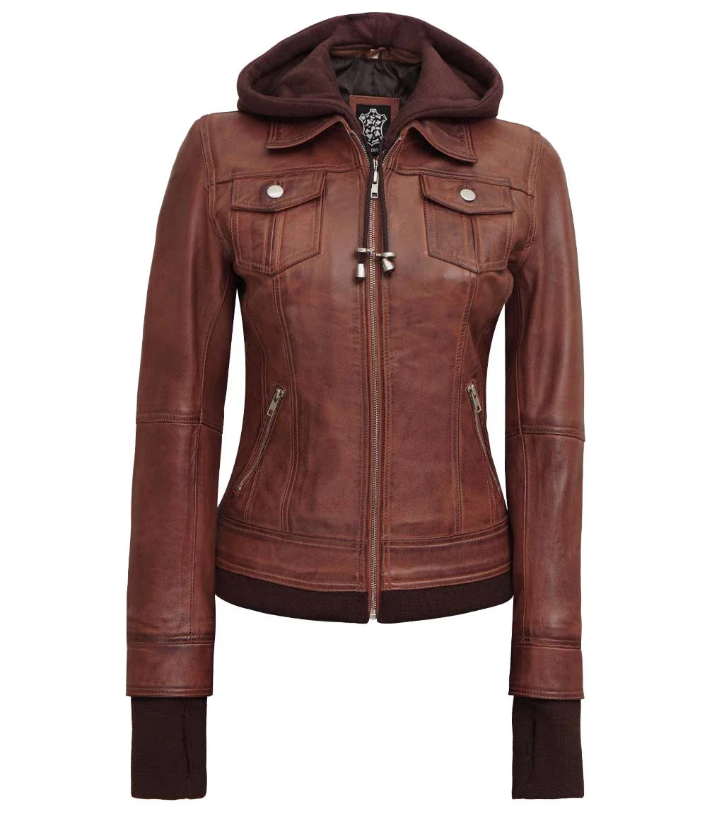 Women's Dark Brown Bomber Leather Jacket with Removable Hood