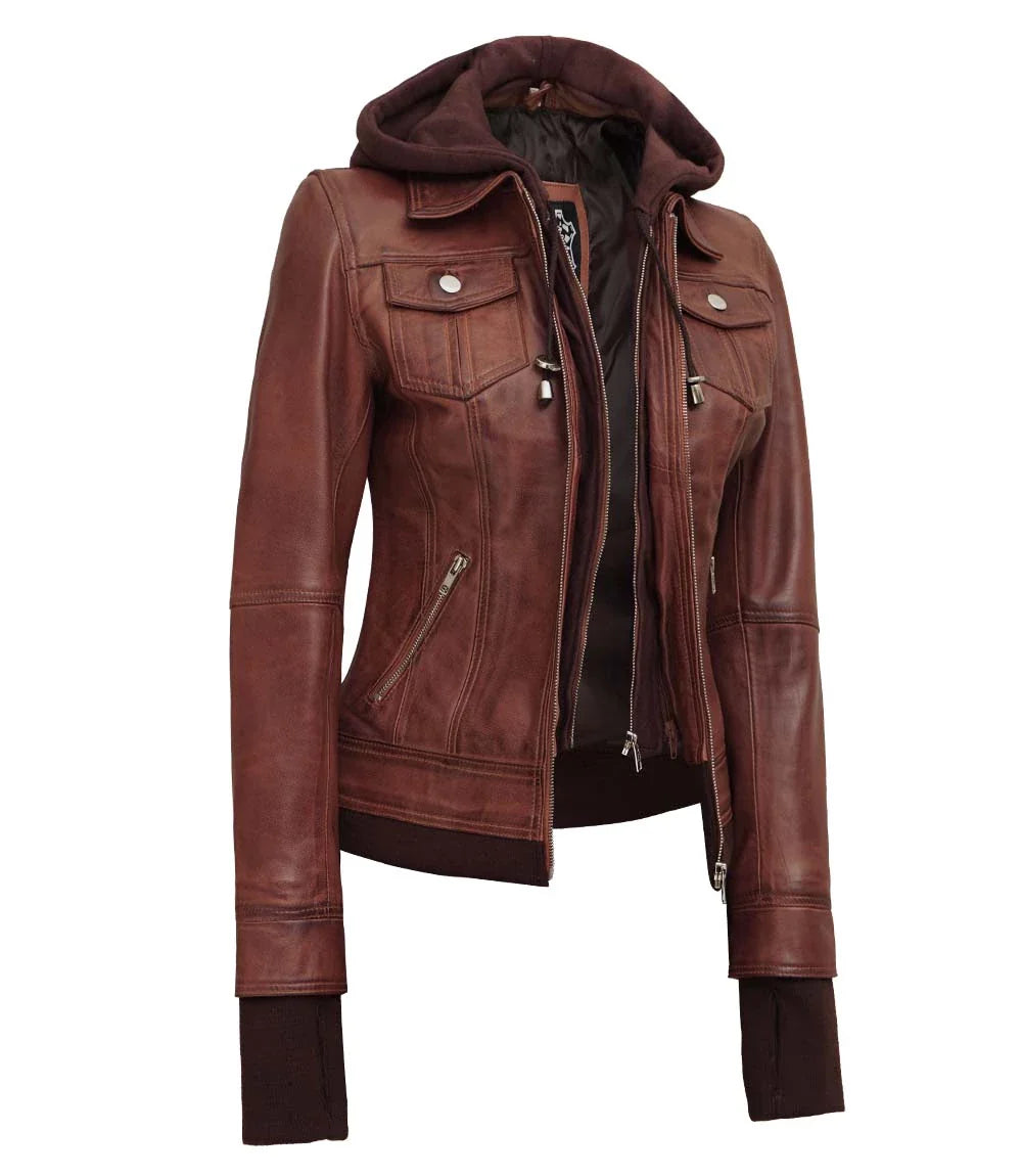 Women's Dark Brown Bomber Leather Jacket with Removable Hood