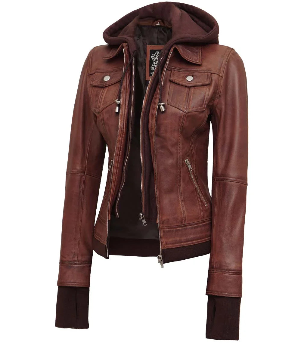 Women's Dark Brown Bomber Leather Jacket with Removable Hood