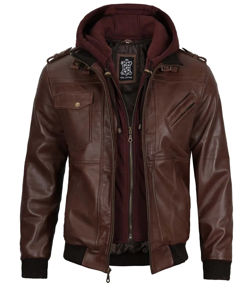 Tall Mens Bomber Dark Brown Removable Hooded Leather Jacket