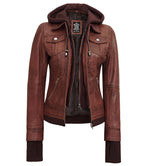 Women's Dark Brown Bomber Leather Jacket with Removable Hood