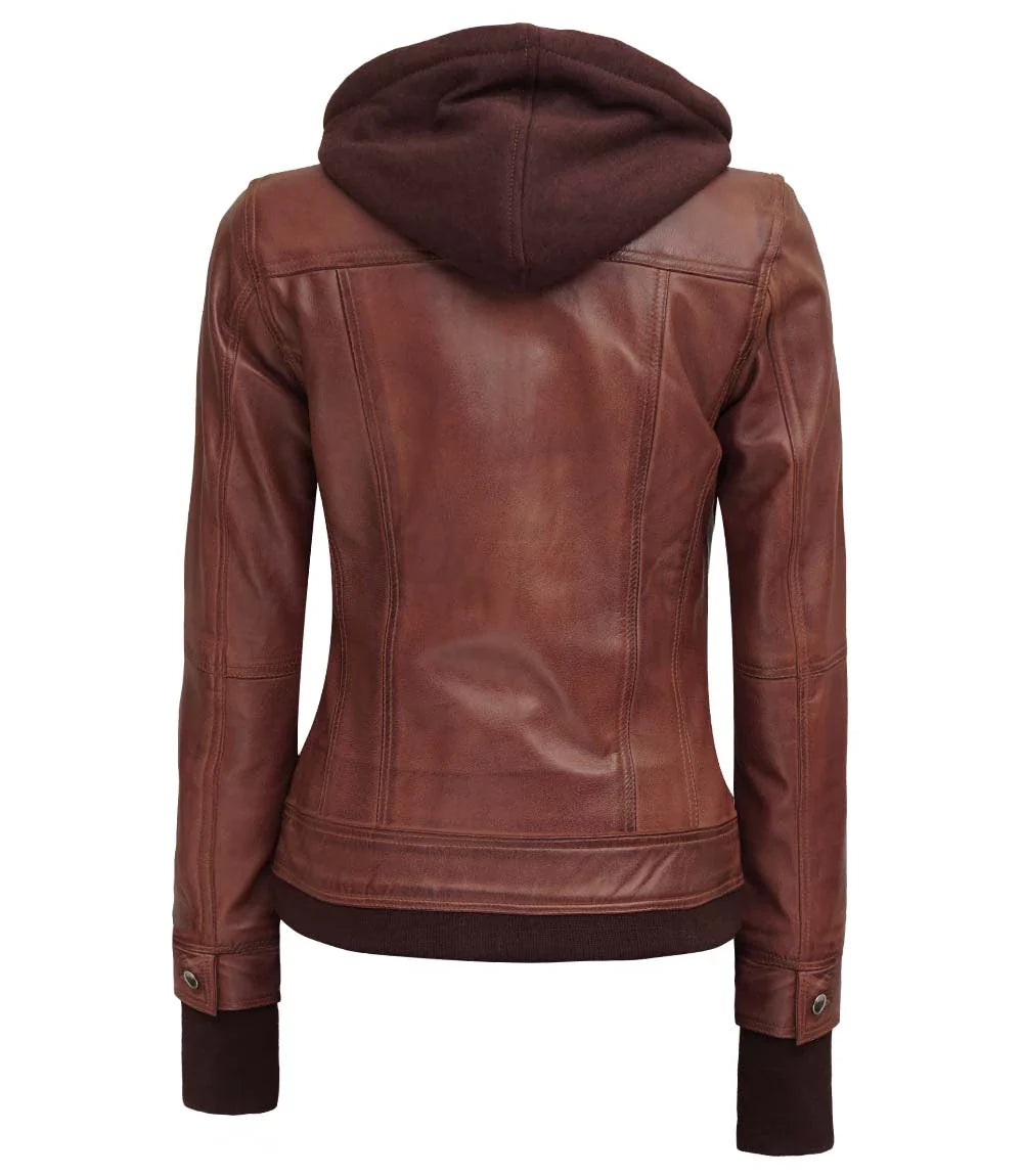 Women's Dark Brown Bomber Leather Jacket with Removable Hood