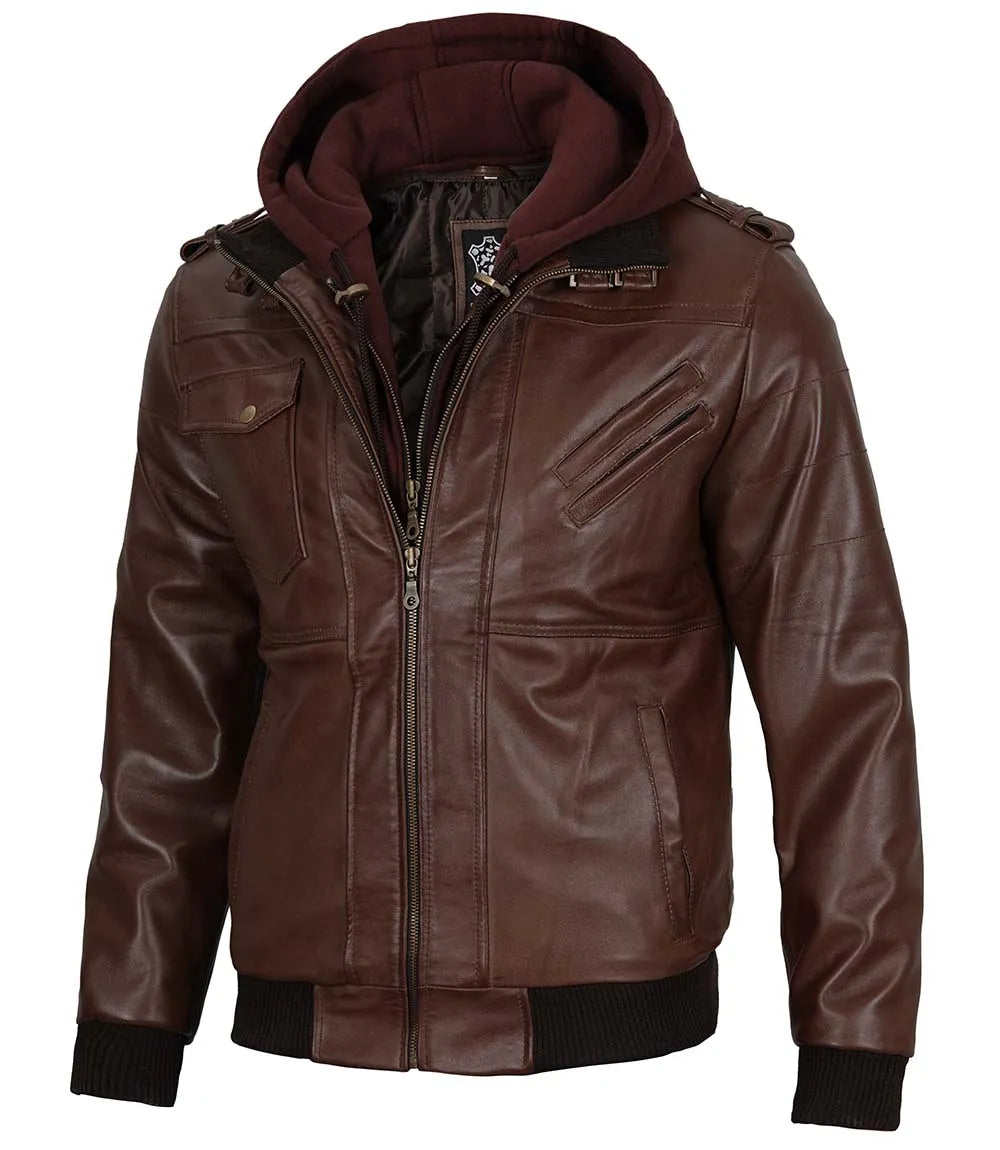 Tall Mens Bomber Dark Brown Removable Hooded Leather Jacket