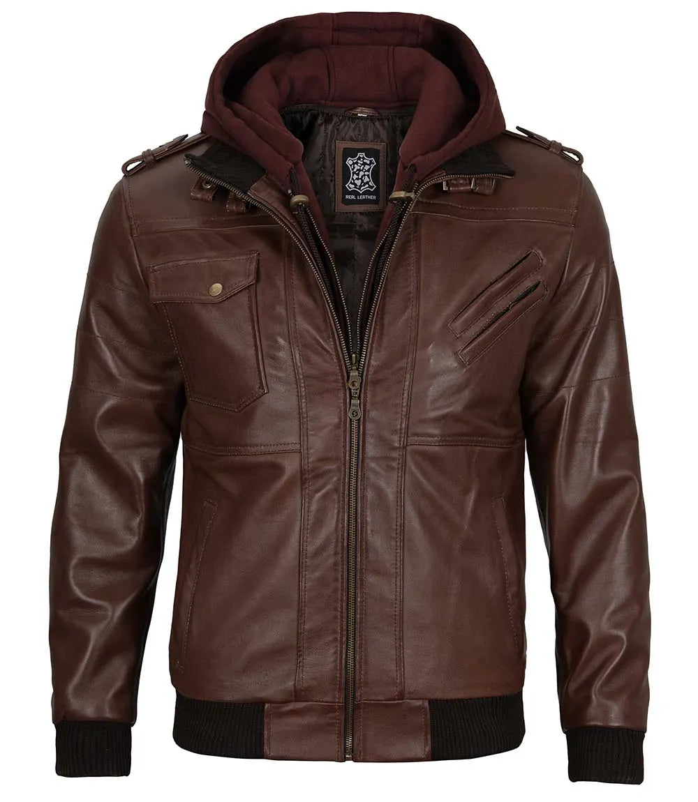 Tall Mens Bomber Dark Brown Removable Hooded Leather Jacket