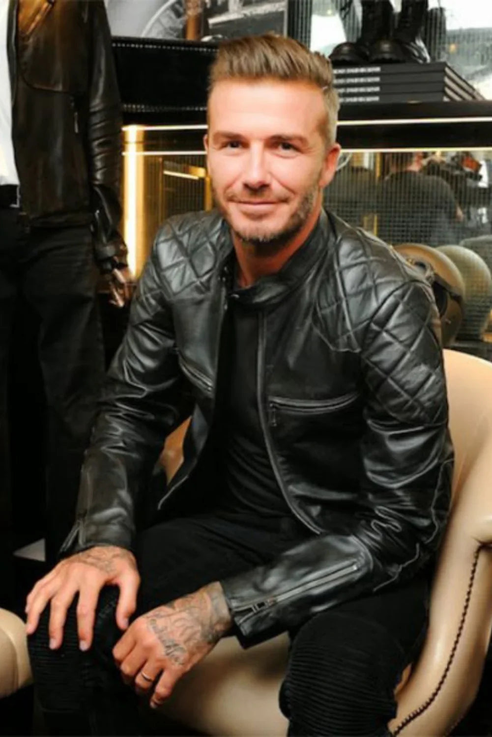 Mens Black Quilted David Beckham's Leather Biker Jacket