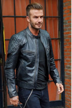Mens Black Quilted David Beckham's Leather Biker Jacket
