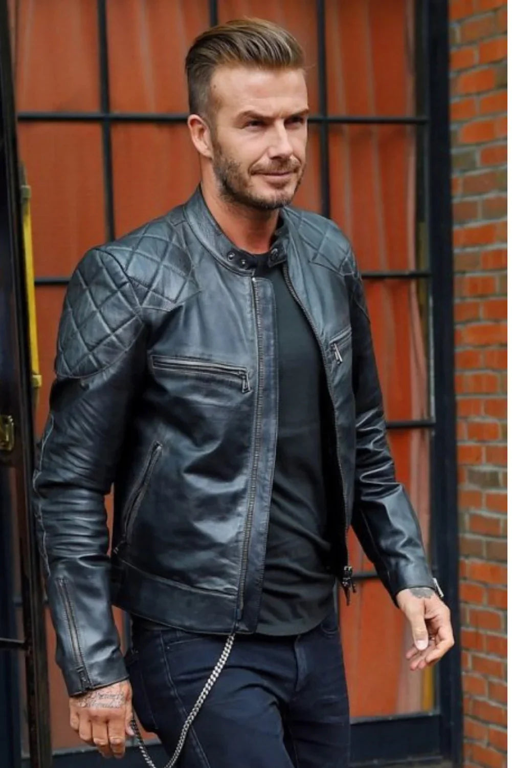 Mens Black Quilted David Beckham's Leather Biker Jacket