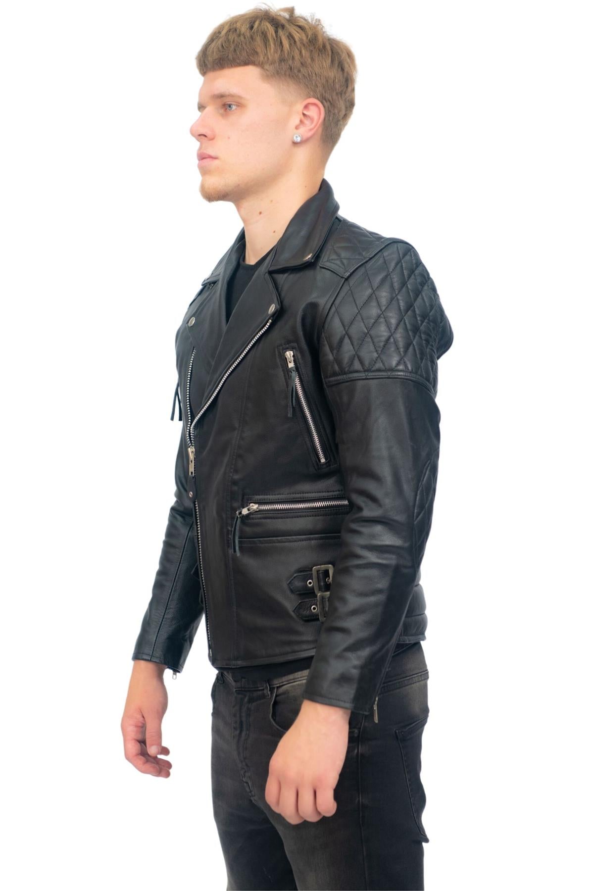 Mens Cowhide Leather Biker Jacket-Nassau