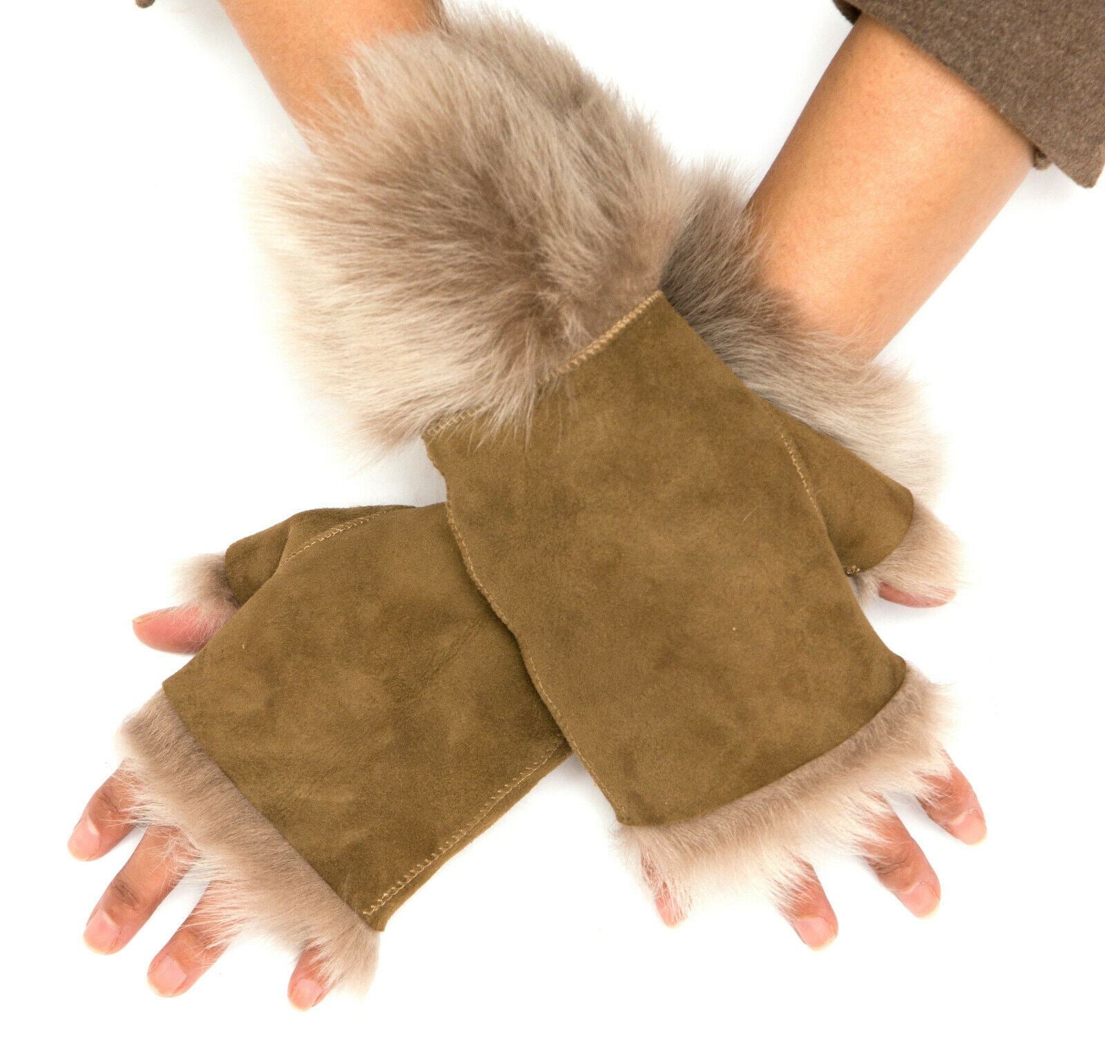 Womens Shearling  Mittens Fingerless Cuffs Toscana Suede Sheepskin Fur