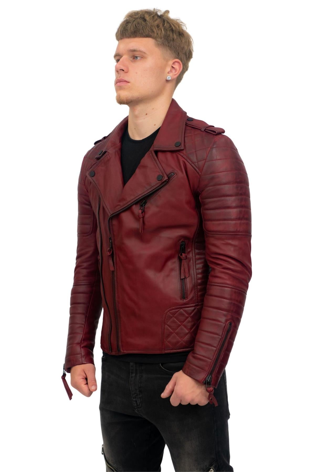 Mens Slim-Fit Double Zip Brando Leather Biker Jacket-Cairo