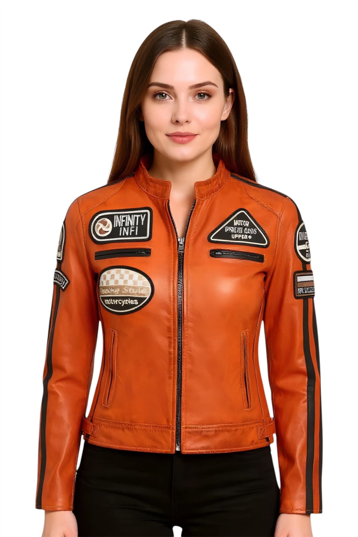 Womens Leather Biker Racing Badges Jacket-Agadir