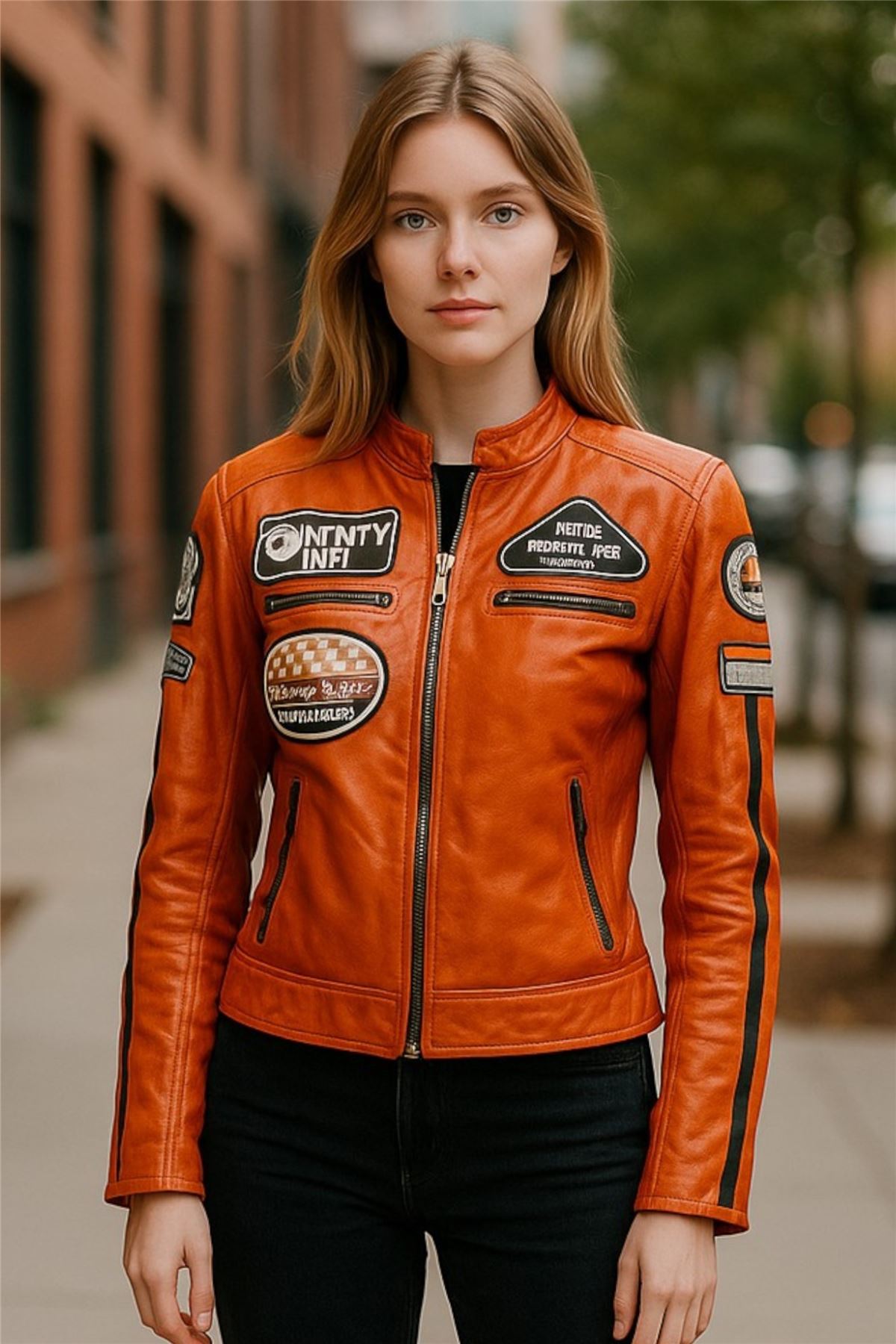 Womens Leather Biker Racing Badges Jacket-Agadir