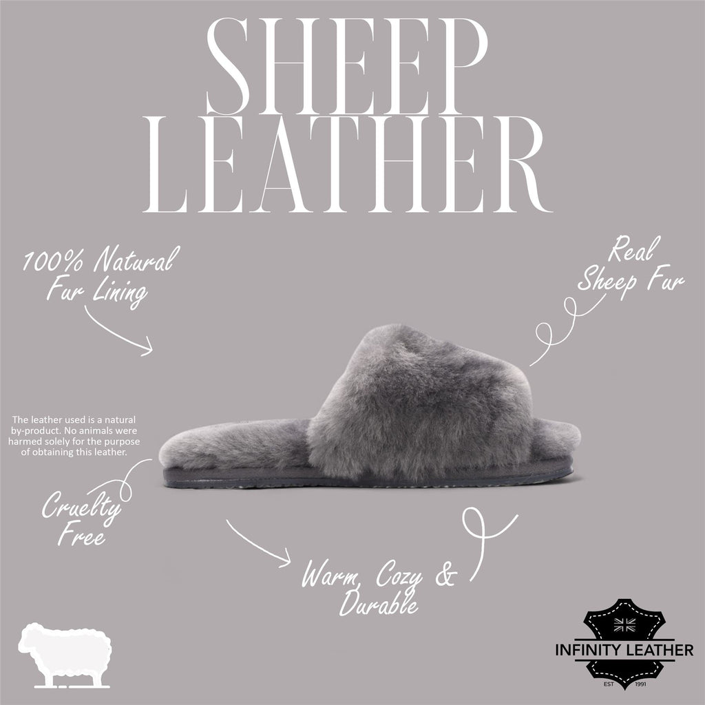 Women's Sheepskin Slippers Grey Warm Winter Fur Sliders - Nordic