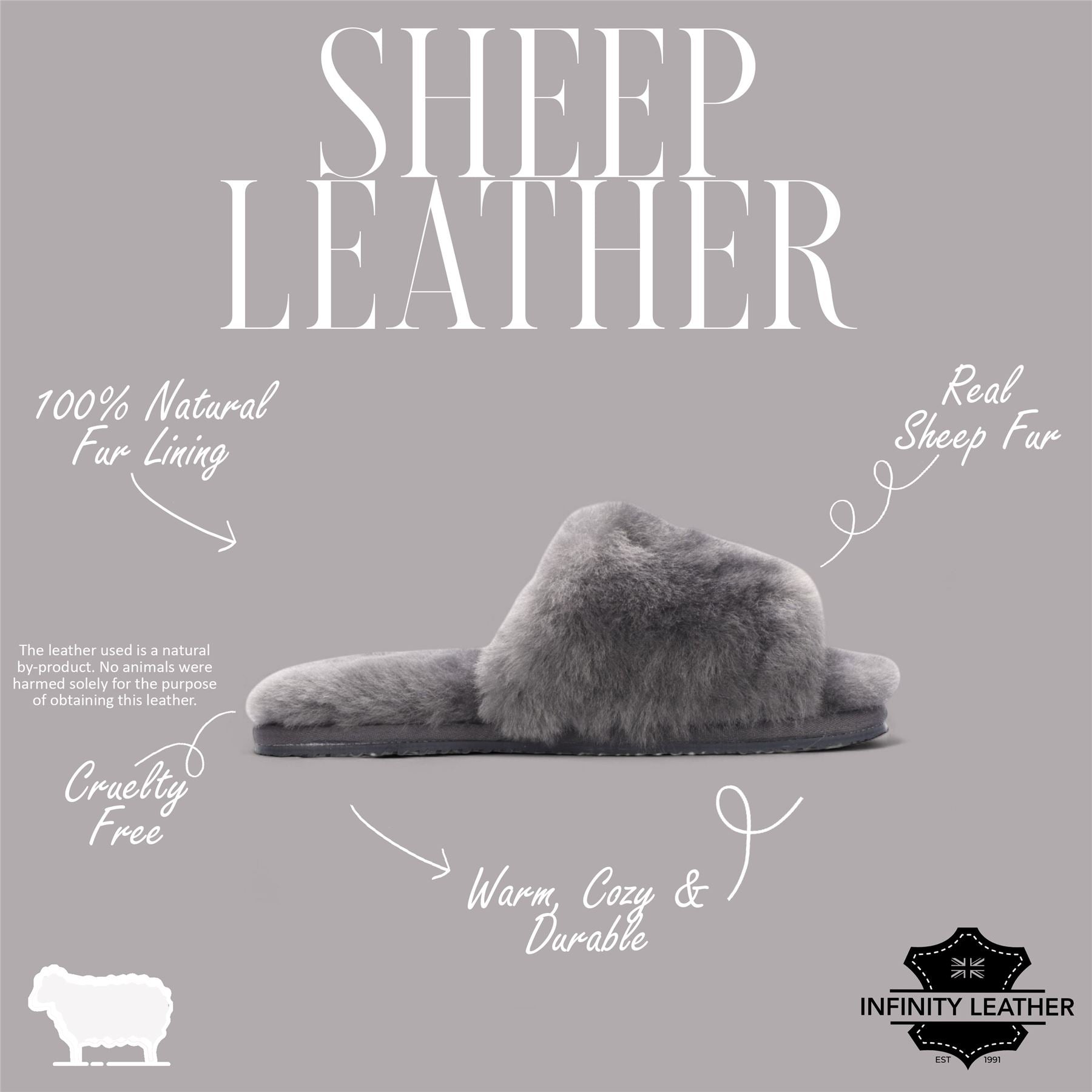 Women's Sheepskin Slippers Grey Warm Winter Fur Sliders - Nordic