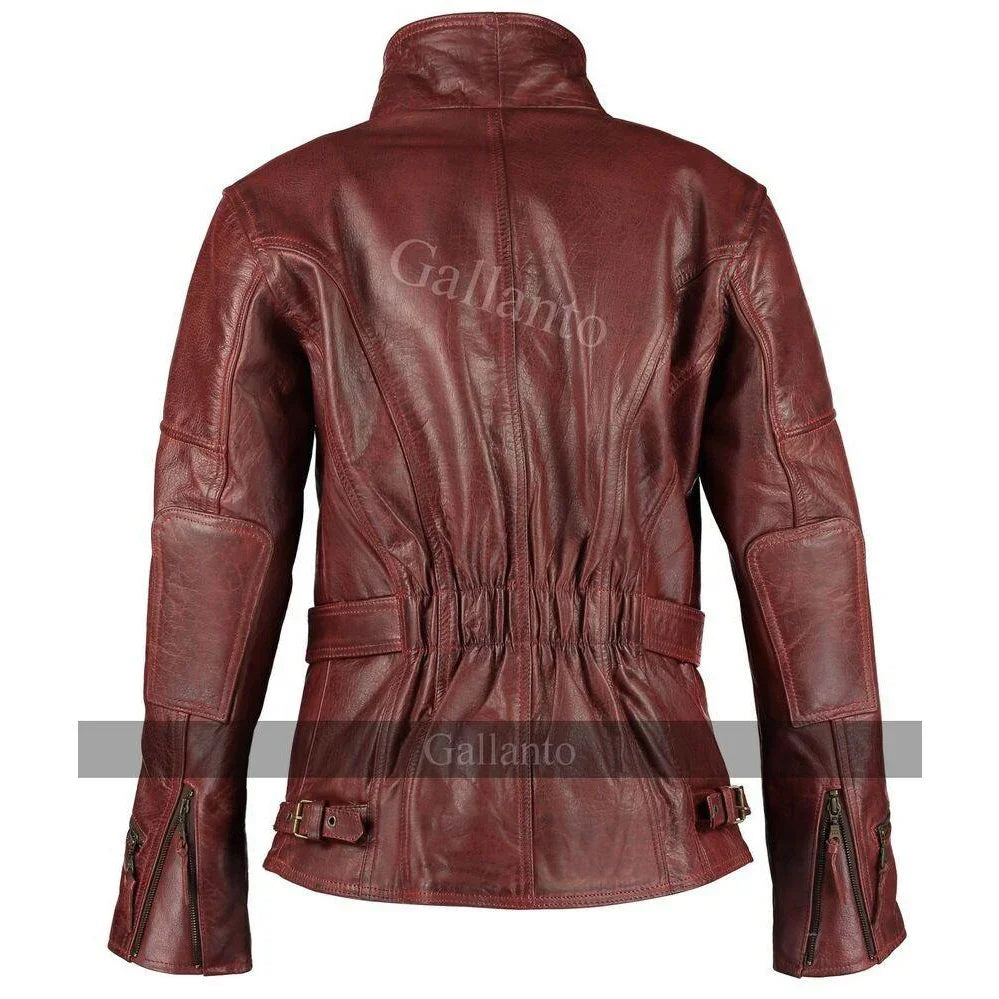 Distressed Red Demi Womens 3/4 Biker Leather Jacket