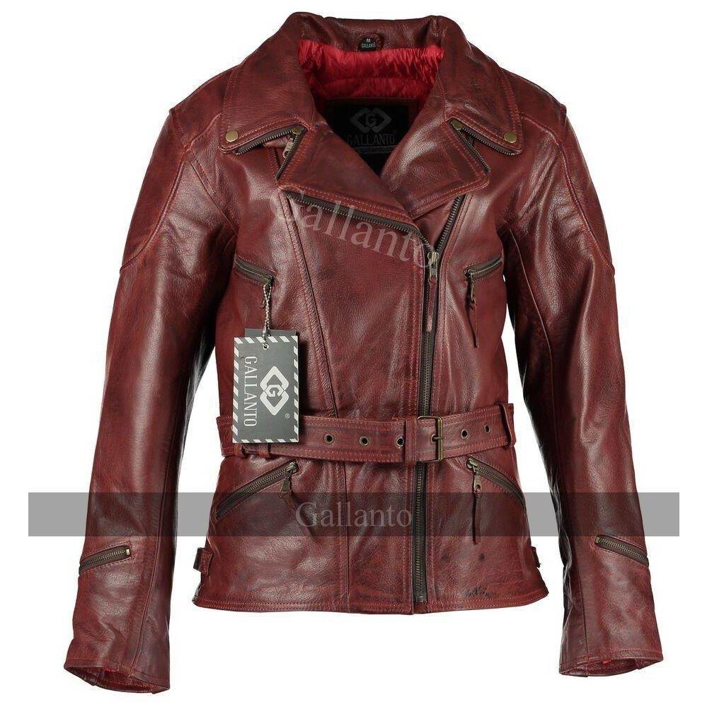 Distressed Red Demi Womens 3/4 Biker Leather Jacket