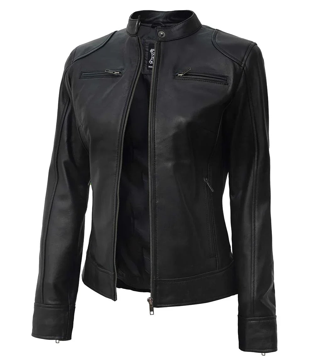 Dodge Women's Tall Black Leather Biker Style Jacket