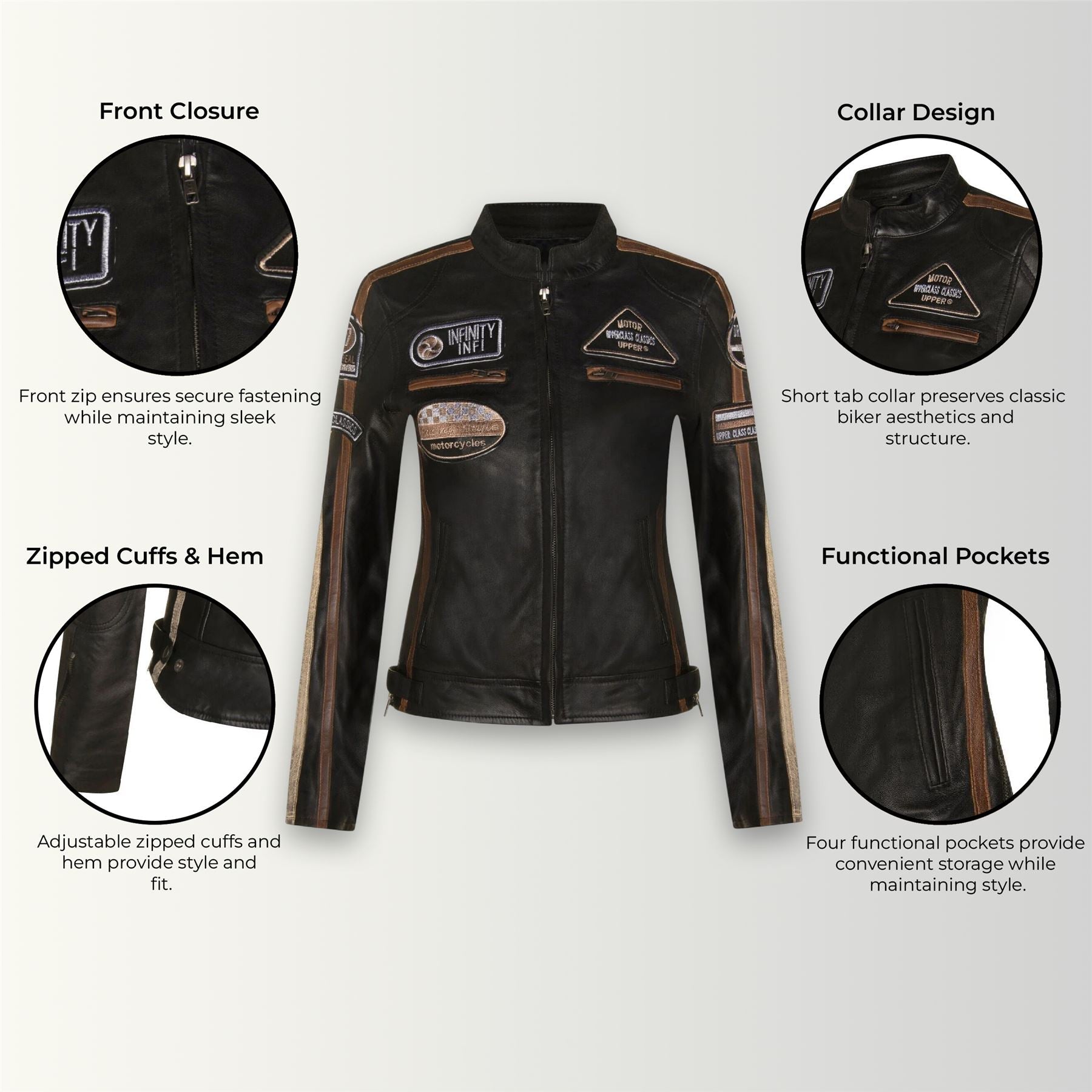 Womens Leather Biker Racing Badges Jacket-Agadir