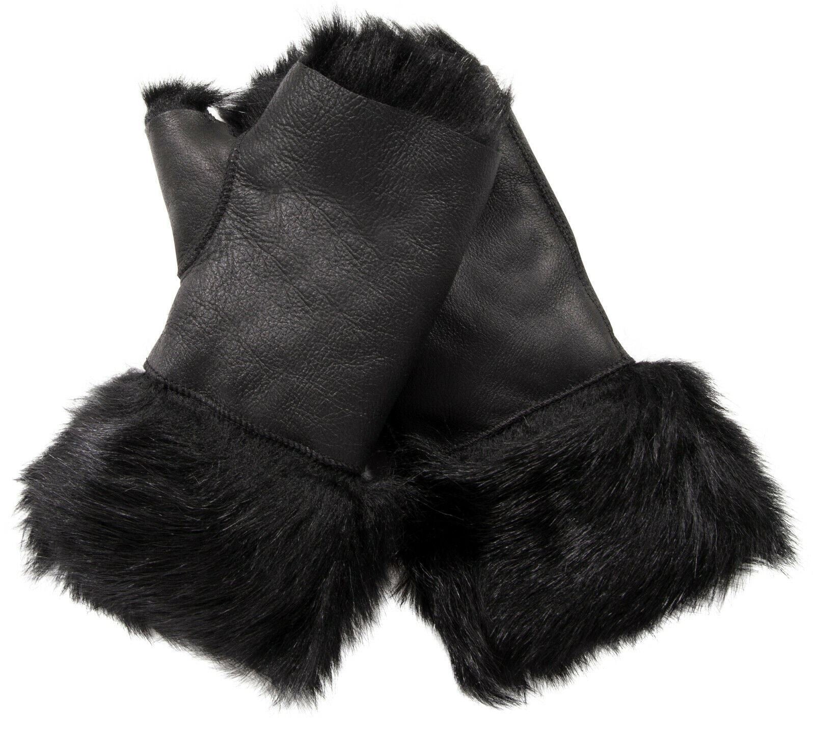Womens Shearling  Mittens Fingerless Cuffs Toscana Suede Sheepskin Fur