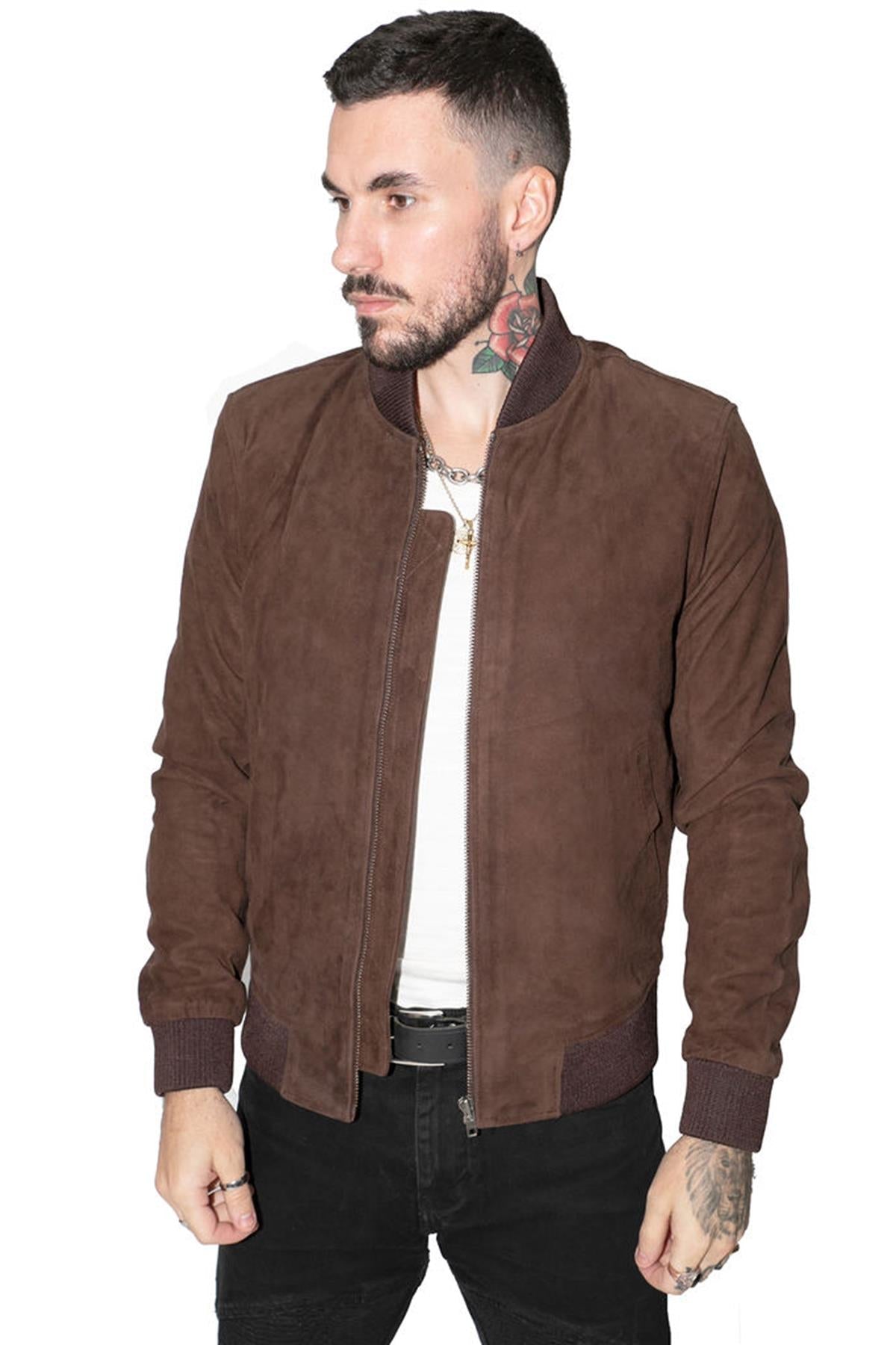 Mens Retro Goat Suede Varsity Leather Bomber Jacket-Athens