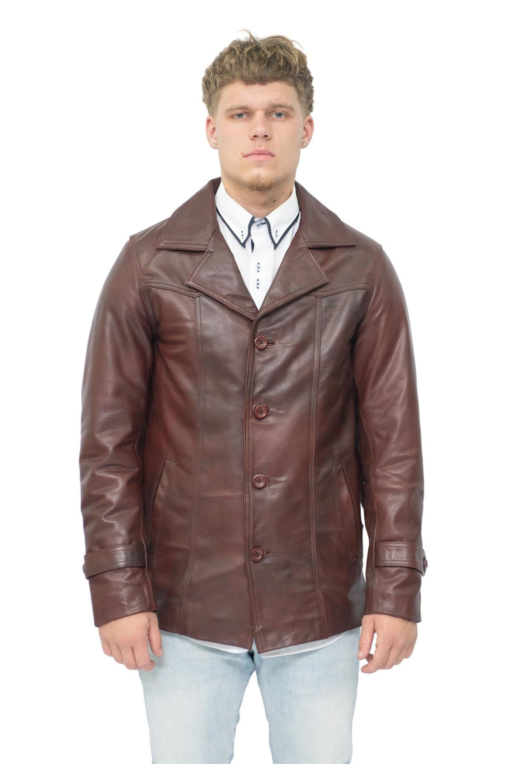 Men’s Brown Vintage Trench Style Crombie Leather Coat-Macau