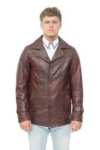 Men’s Brown Vintage Trench Style Crombie Leather Coat-Macau