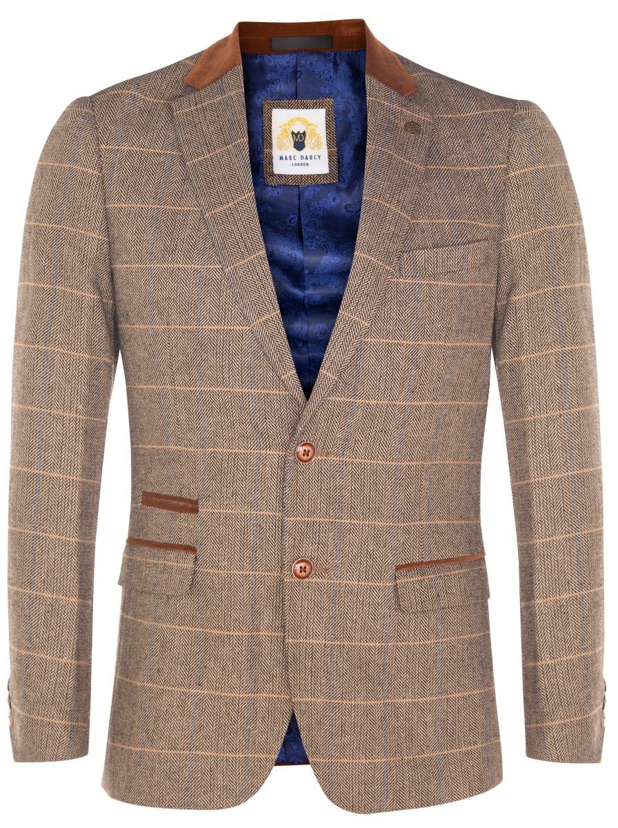 Marc Darcy Mens Tweed Blazer DX7 Tan Brown Check Herringbone Smart Formal Jacket