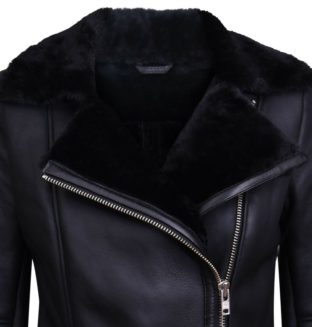 Womens Black Shearling Sheepskin Aviator Jacket-Kiev