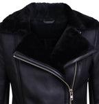 Womens Black Shearling Sheepskin Aviator Jacket-Kiev