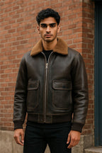 Men's Brown Leather Bomber Sheepskin Collar G-1 Pilot Jacket - Trick