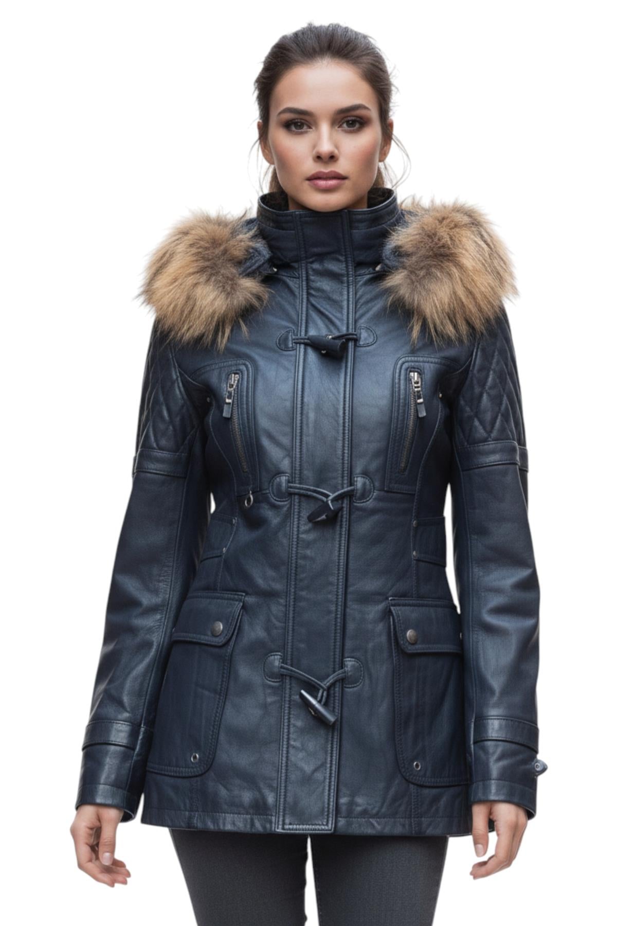 Womens Quilted Leather Parka Jacket-Brussels