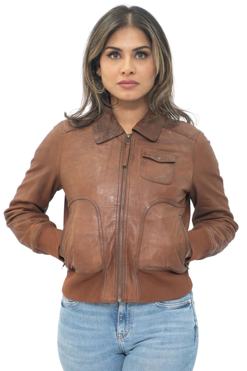 Womens Leather MA-1 Varsity Jacket-Ann Arbor