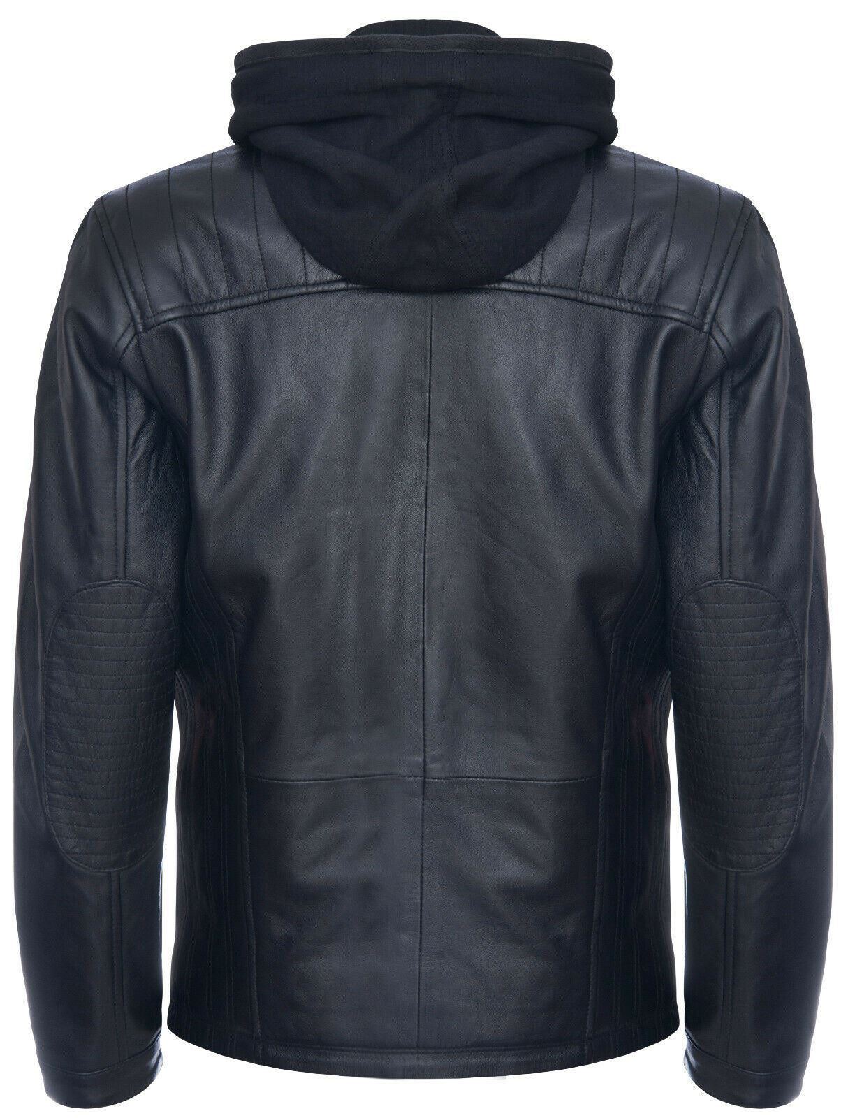 Mens Black Nappa Leather Hooded Bomber Jacket