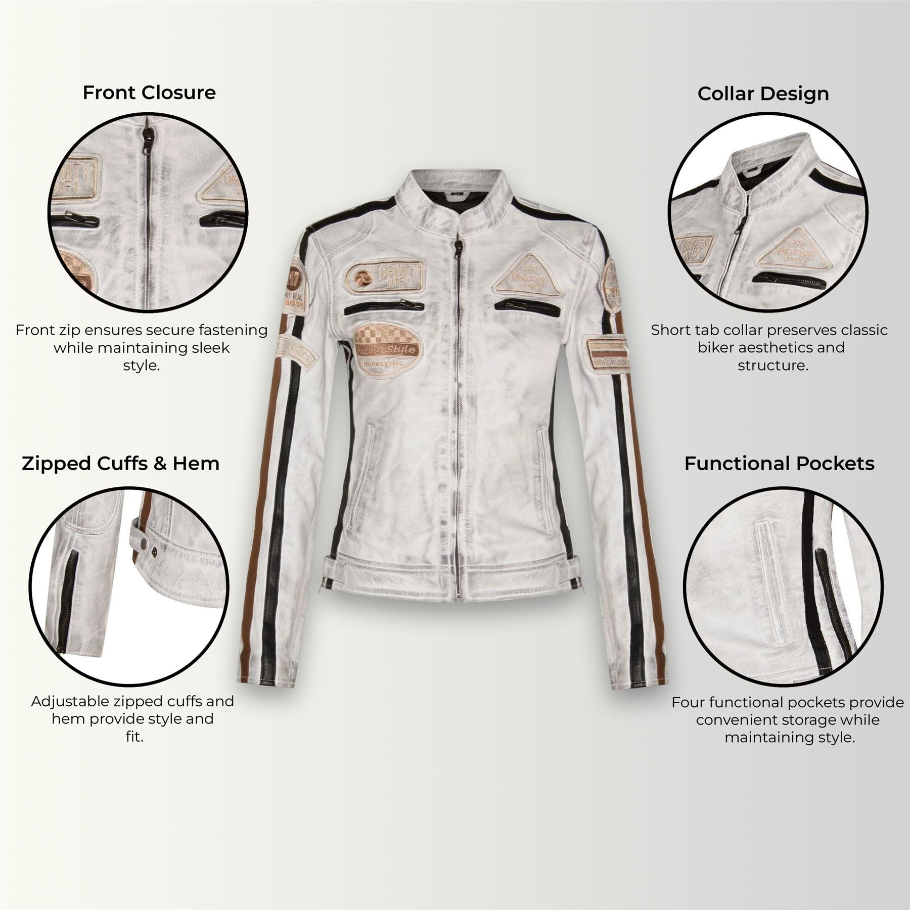 Womens Leather Biker Racing Badges Jacket-Agadir