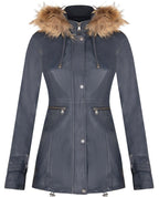 Womens Leather Hooded Parka Jacket-Putian