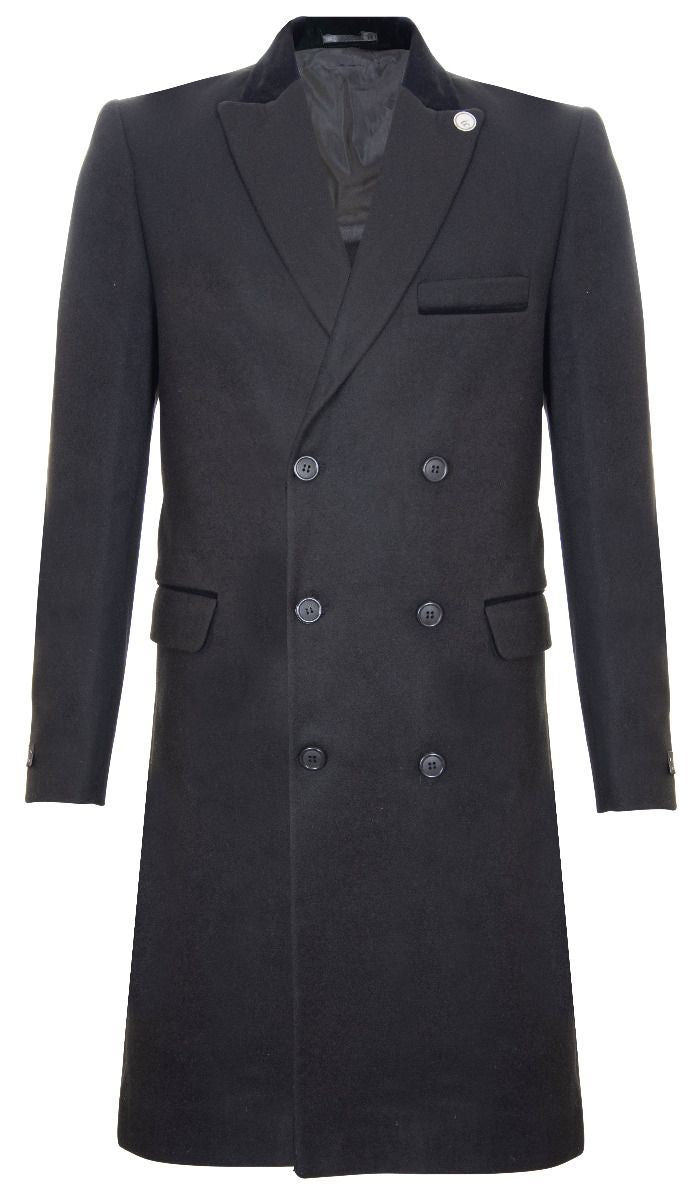 Mens 3/4 Black Long Double Breasted Crombie Overcoat Wool Coat Peaky Blinders