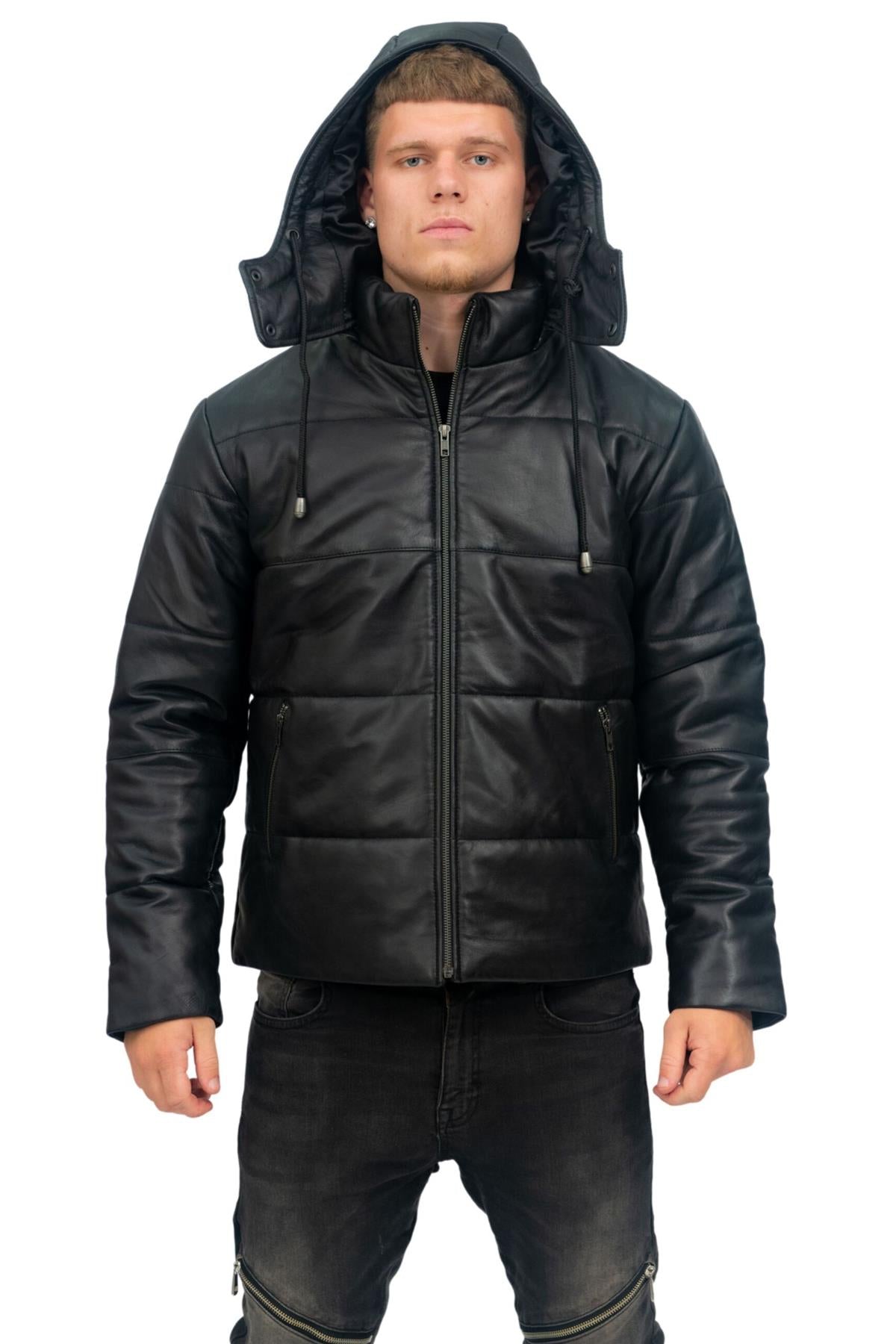 Mens Puffer Leather Bomber Jacket-Augsburg