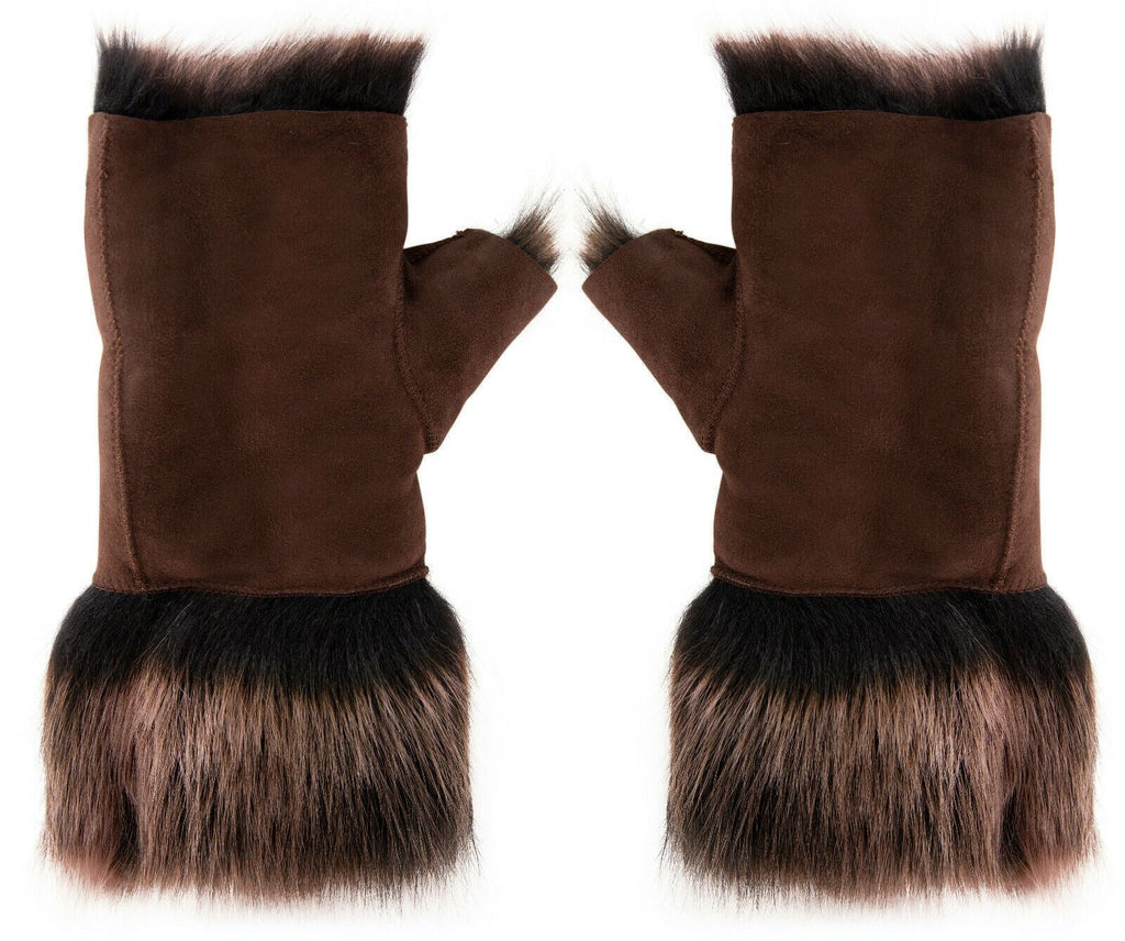 Womens Shearling  Mittens Fingerless Cuffs Toscana Suede Sheepskin Fur