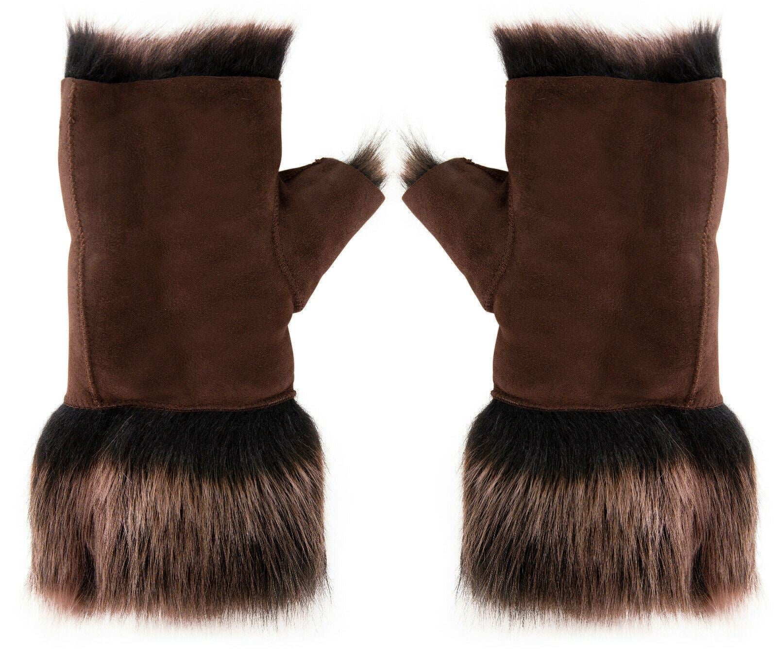 Womens Shearling  Mittens Fingerless Cuffs Toscana Suede Sheepskin Fur