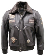 Mens Cow Hide Detachable Collar Leather Flight Bomber Jacket