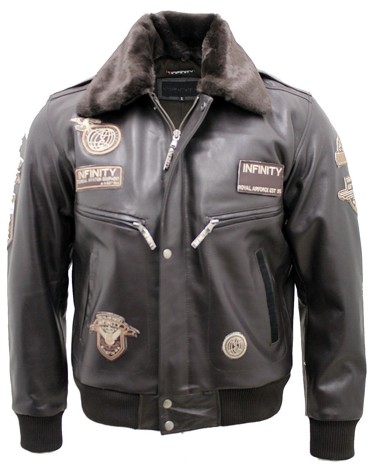Mens Cow Hide Detachable Collar Leather Flight Bomber Jacket