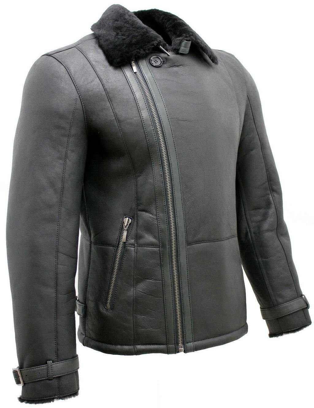 Mens Double Breasted Sheepskin Leather Biker Jacket-Manila
