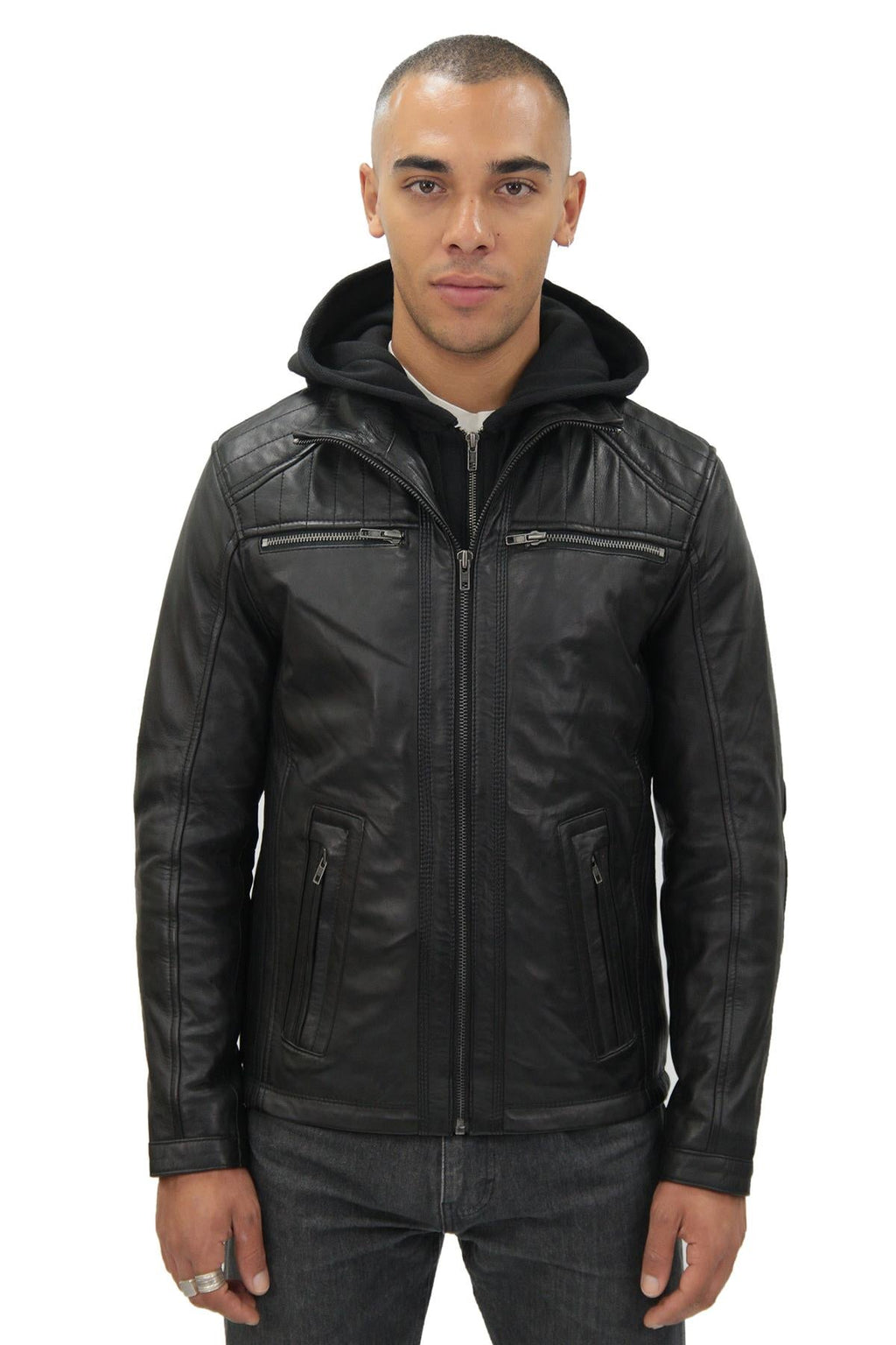 Mens Black Hooded Leather Biker Jacket-Salvador