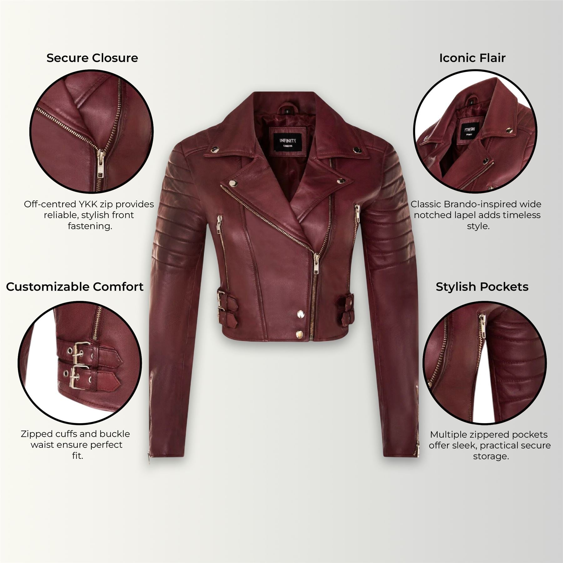 Womens Cropped Brando Leather Biker Jacket-Damascus