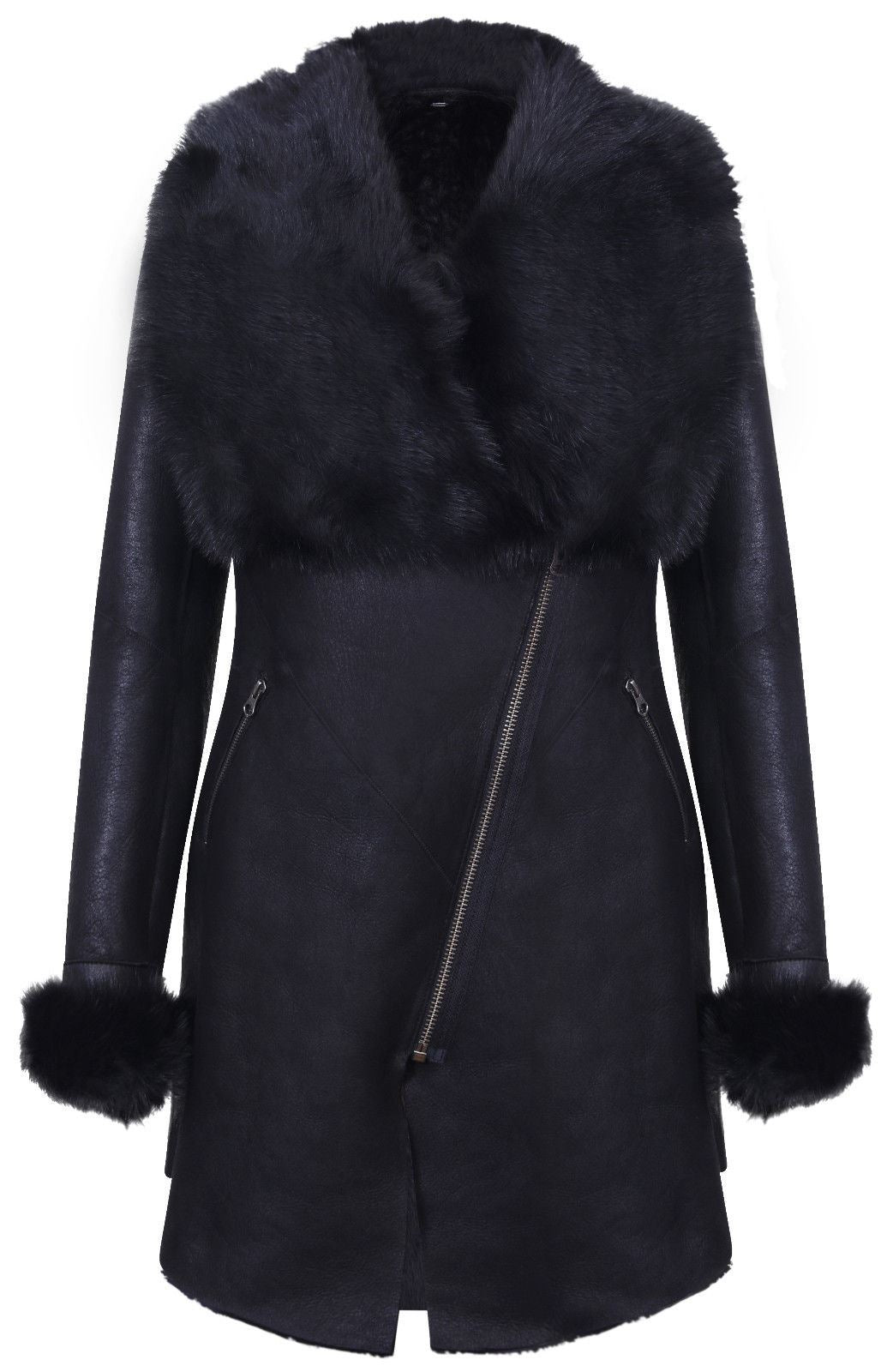 Womens Black Merino Shearling Coat with Toscana Collar-Fortaleza