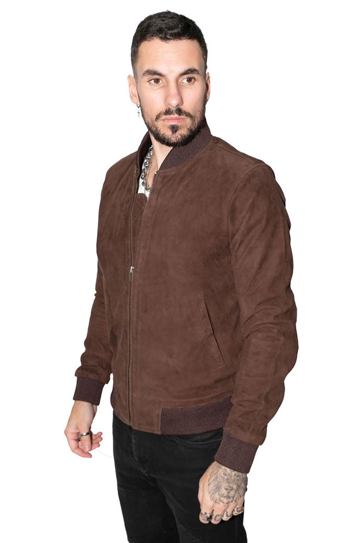 Mens Retro Goat Suede Varsity Leather Bomber Jacket-Athens