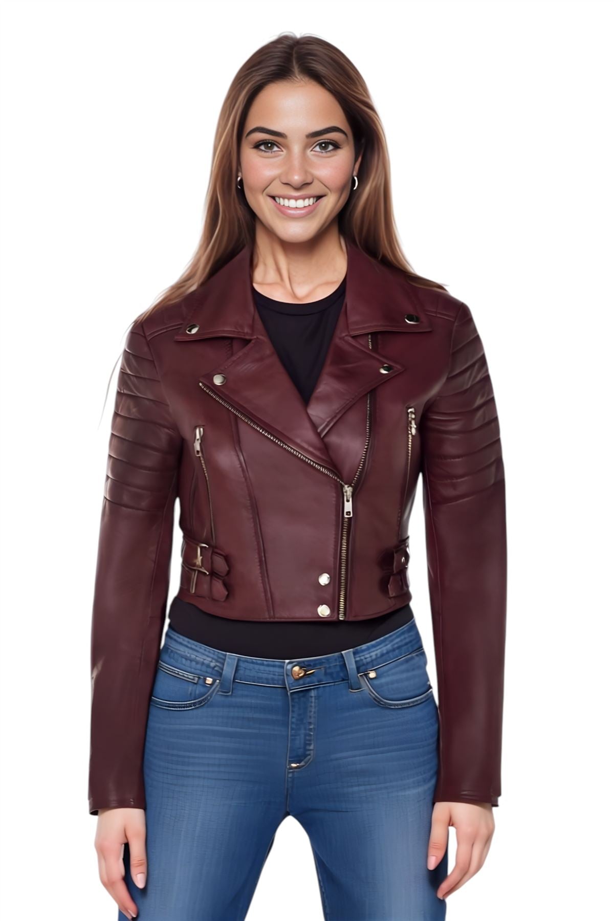 Womens Cropped Brando Leather Biker Jacket-Damascus