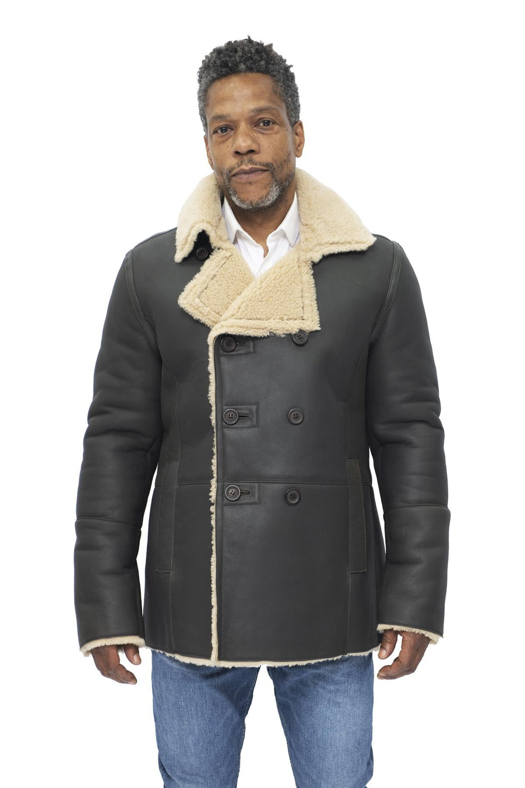 Mens Double Breasted Shearling Sheepskin Pea Coat-Valencia